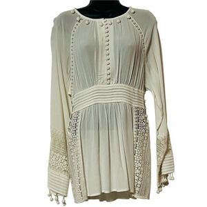 Marchesa Voyage Crochet Boho Ivory Pom Pom Lace Tunic Dolman Sleeve Blouse 4 XS